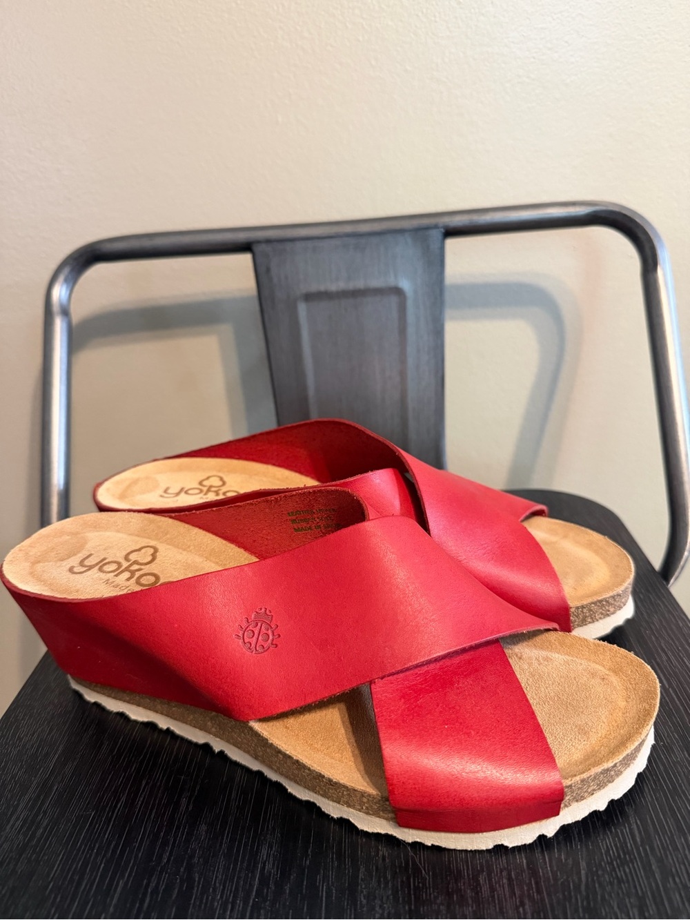 Yokono Candela Red Leather Wedge Slip-On Sandals Size 8